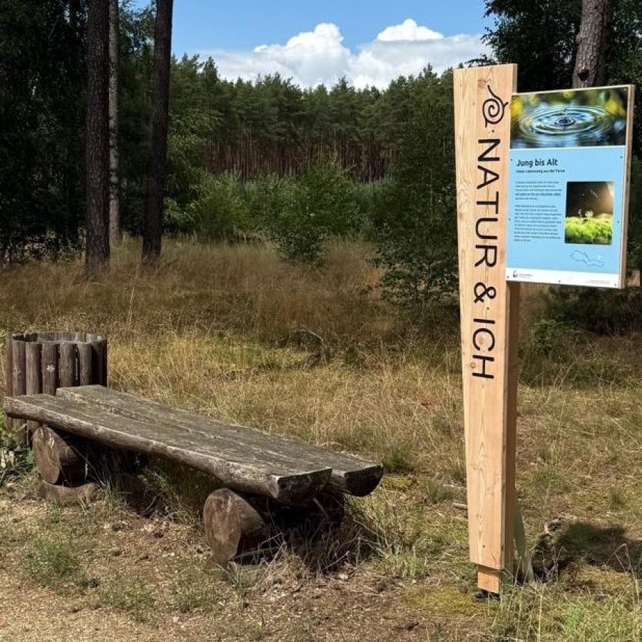Stationsschild Achtsamkeitspfad Natur & Ich neben Bank und Papierkorb am Wanderweg um den Wutzsee